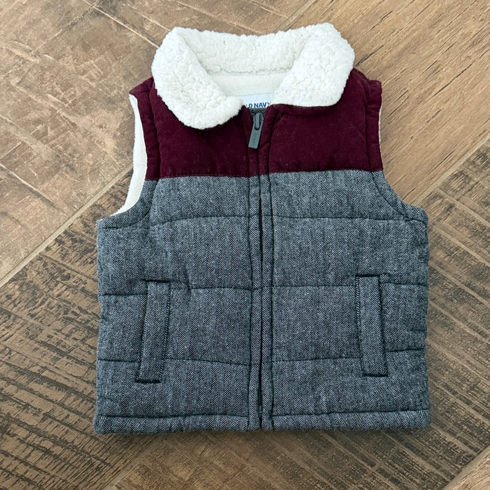 12-18 Month Old Navy Quilted Vest with Sherpa Collar - Burgundy & Gray